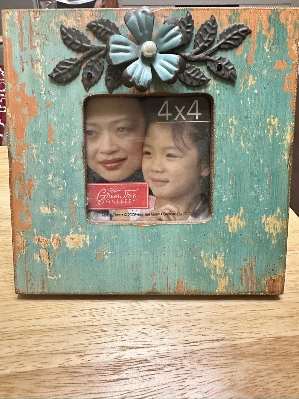Distressed Turquoise 4x4 Picture Frame with Floral Accent